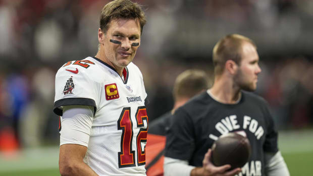Buccaneers quarterback Tom Brady looks on during warmups before a game vs. the Falcons.
